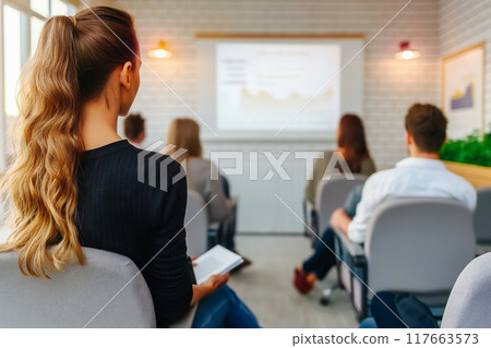 Group of multiethnic people, students sitting in well-lit university auditorium, listening to lecturer 117663573