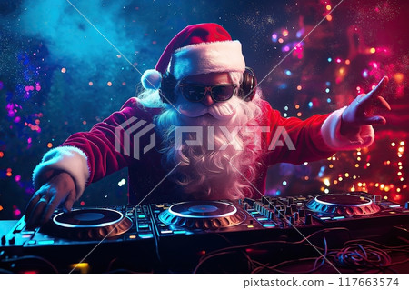 Santa Claus DJ playing music on a turntable at a lively party. The concept blends the joy of holiday celebrations with modern music culture. Generative AI. 117663574