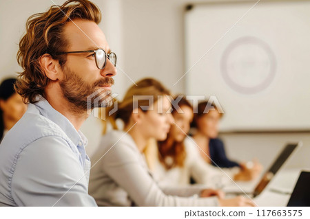Group of multiethnic people, students sitting in well-lit university auditorium, listening to lecturer 117663575