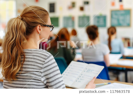 Group of multiethnic people, students sitting in well-lit university auditorium, listening to lecturer Group of multiethnic people, students sitting in well-lit university auditorium, listening to lecturer 117663578