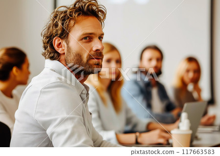 Group of multiethnic people, students sitting in well-lit university auditorium, listening to lecturer 117663583