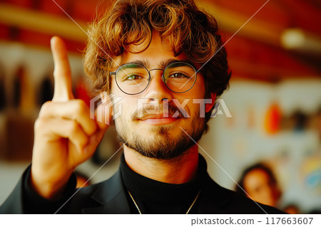 Businessman pointing upwards with confident little smile. focus on finger 117663607
