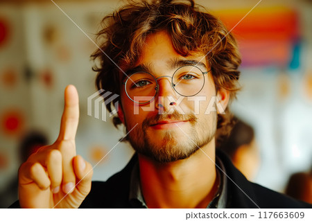 Businessman pointing upwards with confident little smile. focus on finger Businessman pointing upwards with confident little smile. focus on finger 117663609