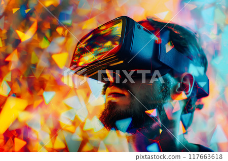 Smart man looking data or connecting with big data or virtual reality by using goggle or VR headset. 117663618