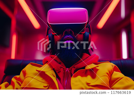 Smart man looking data or connecting with big data or virtual reality by using goggle or VR headset. 117663619