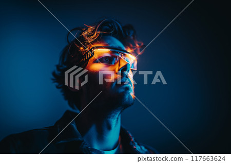 Smart man looking data or connecting with big data or virtual reality by using goggle or VR headset. Smart man looking data or connecting with big data or virtual reality by using goggle or VR headset. 117663624