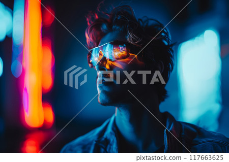 Smart man looking data or connecting with big data or virtual reality by using goggle or VR headset. 117663625