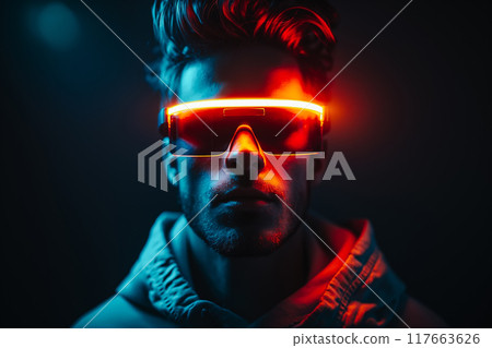 Smart man looking data or connecting with big data or virtual reality by using goggle or VR headset. 117663626