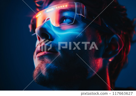 Smart man looking data or connecting with big data or virtual reality by using goggle or VR headset. Smart man looking data or connecting with big data or virtual reality by using goggle or VR headset. 117663627