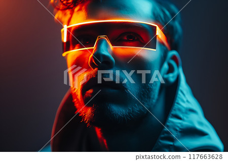 Smart man looking data or connecting with big data or virtual reality by using goggle or VR headset. Smart man looking data or connecting with big data or virtual reality by using goggle or VR headset. 117663628