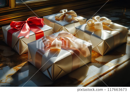 Christmas and new year background - gift boxes 117663673