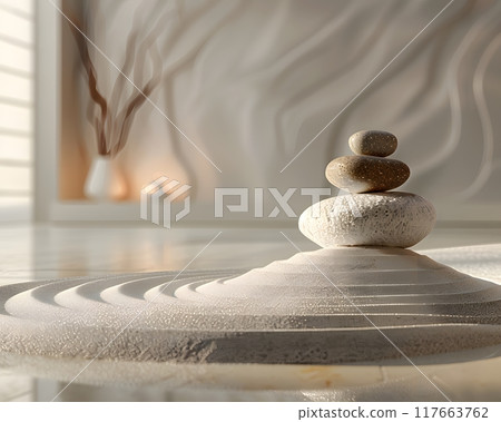 Japanese garden There are ripples on the sand. Create a calm, simple atmosphere suitable for relaxation. It is a space for meditation on Zen philosophy that emphasizes simplicity harmony with nature. 117663762