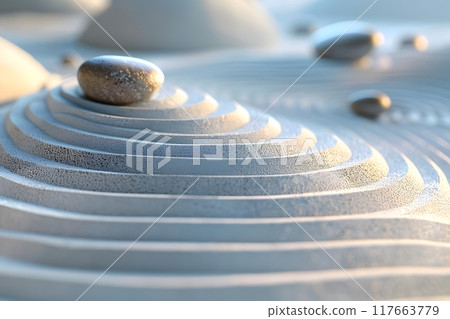 Japanese garden There are ripples on the sand. Create a calm, simple atmosphere suitable for relaxation. It is a space for meditation on Zen philosophy that emphasizes simplicity harmony with nature. 117663779