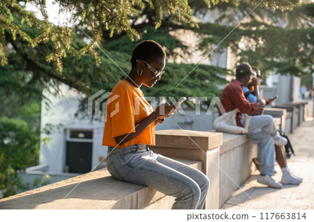 Pleased optimistic african american woman with smartphone outdoors sitting in park in sunny weather Pleased optimistic african american woman with smartphone outdoors sitting in park in sunny weather 117663814