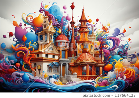 Illustrations fantasy castle It is a building that collects a variety of styles. floating among rainbow clouds looks very fantasy. 117664122