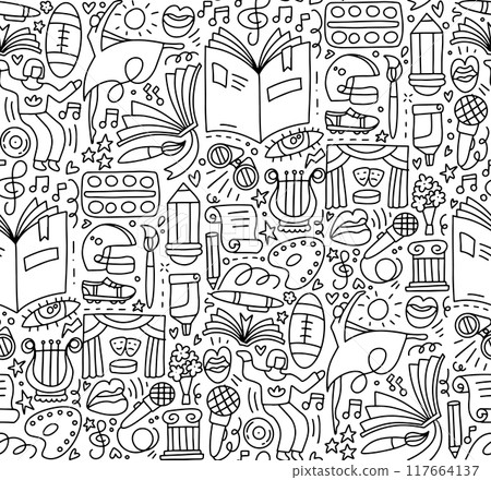 Seamless pattern with arts supplies and dancing attributes. Hobby vector illustration with oil painting palette, brush, pencil, pencil and theater curtain. Vector linear illustration. 117664137