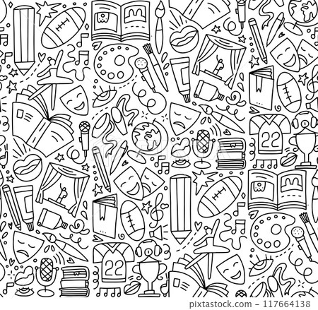 Seamless pattern with collection of doodle-style childish hobbies illustrations. Linear elements - ballet shoes, bow, mike, books, theatre and painting elements. Vector linear illustration. 117664138