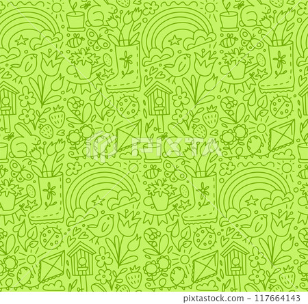 Monochrome green hand drawn children cute spring seamless pattern with flowers, birds, rainbow and sun in scandinavian style. Doodle cartoon springtime background. Vector freehand illustration. 117664143