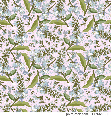 Vector seamless soft floral pattern with bird cherry on light pink background. 117664353