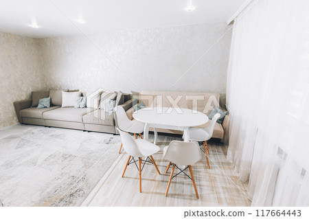 Bright Living Room In Family Apartment. Stylish Apartment Interior Modern Living Room Interior. Family Flat. Light Colors Of Design. Idea For Home Design 117664443