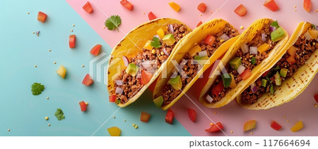 Tacos, rising, bullet shot, solid pastel background 117664694