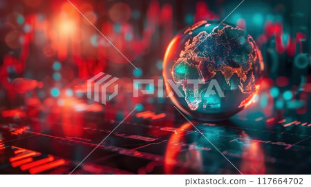 A glowing blue and red globe sits on a circuit board, surrounded by abstract lights, representing global technology and connectivity. A glowing blue and red globe sits on a circuit board, surrounded by abstract lights, representing global technology and connectivity. 117664702