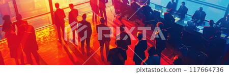 Silhouettes of people walking in a red and blue light. 117664736