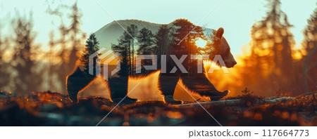 Bear silhouette walking through a forest at sunset. Bear silhouette walking through a forest at sunset. 117664773