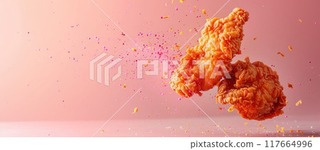Fried chicken, rising, bullet shot, solid pastel background 117664996