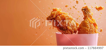 Fried chicken, rising, bullet shot, solid pastel background Fried chicken, rising, bullet shot, solid pastel background 117664997