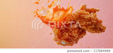 Fried chicken, rising, bullet shot, solid pastel background Fried chicken, rising, bullet shot, solid pastel background 117664999