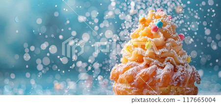 Funnel cake, rising, bullet shot, solid pastel background Funnel cake, rising, bullet shot, solid pastel background 117665004