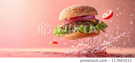 Hamburger, rising, bullet shot, solid pastel background 117665012