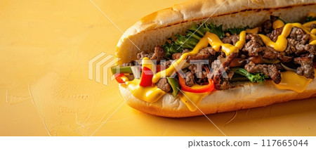 Philly cheesesteak, rising, bullet shot, solid pastel background 117665044
