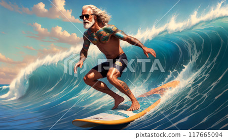 Well-built grandpa surfs on a surfboard, riding a wave. Retiree on a well-deserved retirement showing exceptional surfing skills. Living with a style. Well-built grandpa surfs on a surfboard, riding a wave. Retiree on a well-deserved retirement showing exceptional surfing skills. Living with a style. 117665094