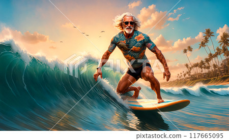 Well-built grandpa surfs on a surfboard, riding a wave. Retiree on a well-deserved retirement showing exceptional surfing skills. Living with a style. 117665095