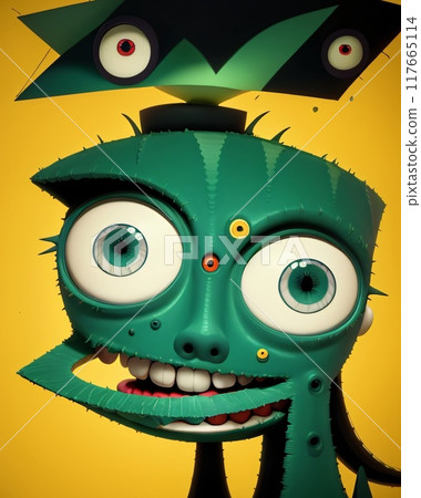 abstract expressionist creepy cute cartoon unreal big head and big eye monster face character. 117665114
