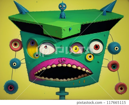 abstract expressionist creepy cute cartoon unreal big head and big eye monster face character. 117665115