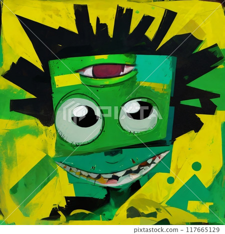 abstract expressionist creepy cute cartoon unreal big head and big eye monster face character. 117665129