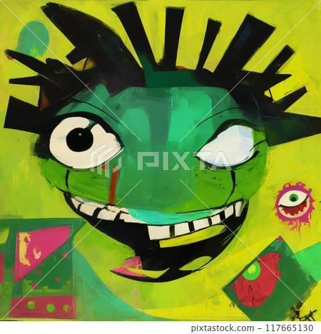abstract expressionist creepy cute cartoon unreal big head and big eye monster face character. 117665130