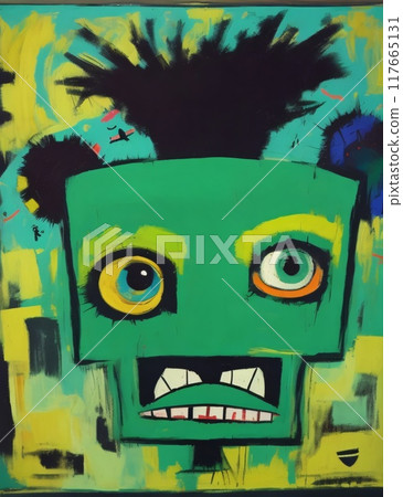 abstract expressionist creepy cute cartoon unreal big head and big eye monster face character. 117665131