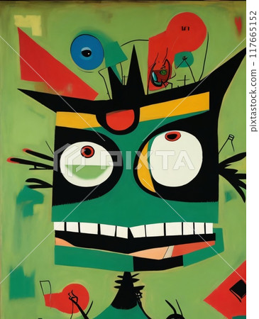 abstract expressionist creepy cute cartoon unreal big head and big eye monster face character. 117665152