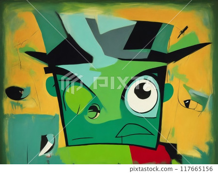 abstract expressionist creepy cute cartoon unreal big head and big eye monster face character. 117665156