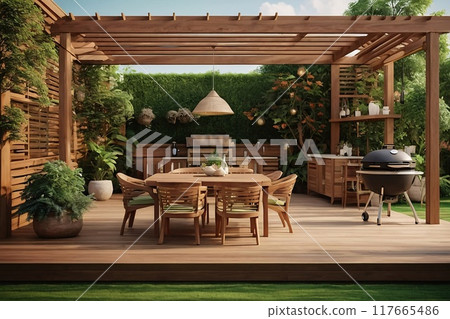 luxury wooden teak deck with BBQ grill and decor furniture. Side view of a wooden pergola in green garden with a sun flares in the background. luxury wooden teak deck with BBQ grill and decor furniture. Side view of a wooden pergola in green garden with a sun flares in the background. 117665486