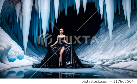A beautiful woman wearing a black costume made of stretch foil, posing in an ice cave on the shore of a pond 117665504
