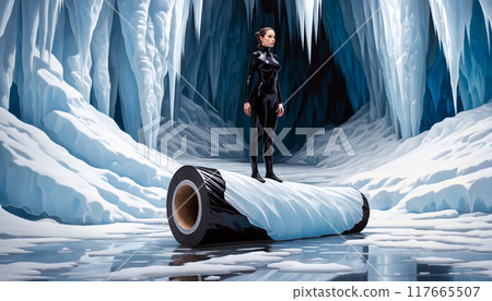 A woman wearing stretch foil poses against the backdrop of an ice cave while standing on a huge black roll of stretch foil 117665507