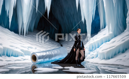 Woman dressed in black stretch foil posing with a roll of transparent stretch tape against the ice cave. 117665509