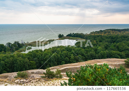 View of Swan Lake from observation deck on Olenya Buda dunes. Curonian Spit National Park. Russia View of Swan Lake from observation deck on Olenya Buda dunes. Curonian Spit National Park. Russia 117665536