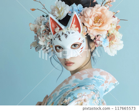 穿著和服戴著狐狸面具的女人 穿著和服戴著狐狸面具的女人 117665573