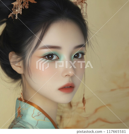 穿著傳統服裝、臉上塗著顏料的亞洲女人 117665581